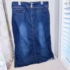 Zoey Beth Denim Midi Skirt Womens XL Dark Faded Wash Raw Hem Stretch Jean Skirt
